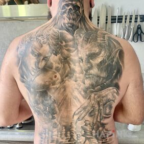 Tattoo Dot the i's and cross the t's. on the nape motif: demons