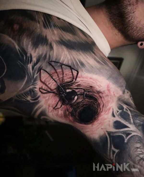 Tattoo Pająk i jego dziura in black and gray motif and realistic style under the armpit
