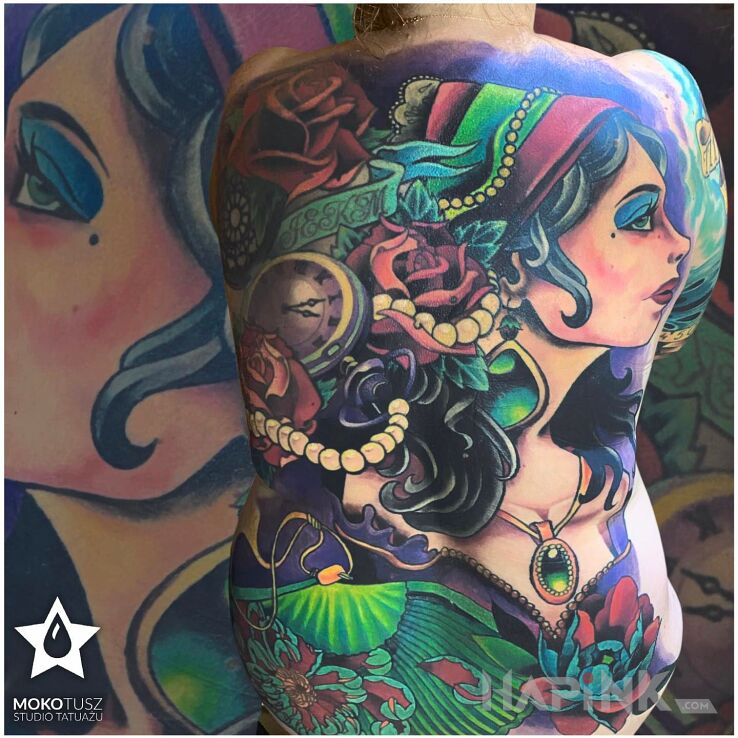 Tattoo Kobiety, które lubią kolor :) in fantasy motif and neo-traditional style on the back
