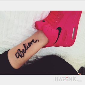 Tattoo Believe on the leg motif: lettering