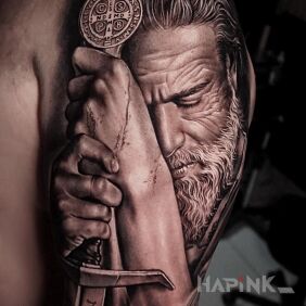 Tattoo Weary knight on the upper arm motif: faces style: realistic