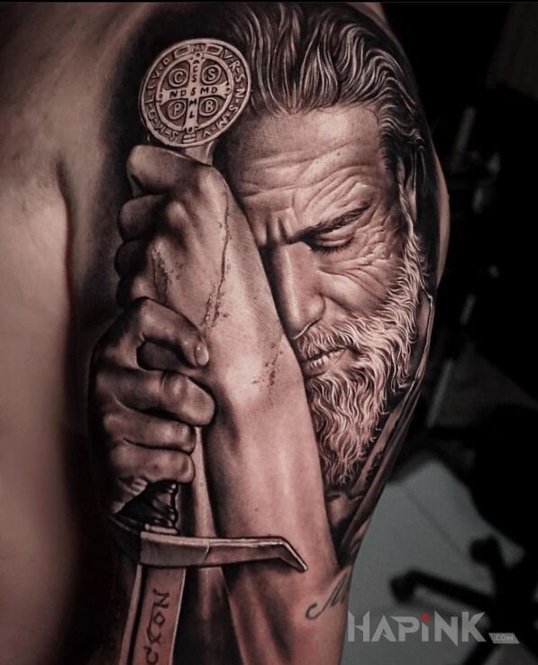 Tattoo Zmęczony rycerz in faces motif and realistic style On the arm