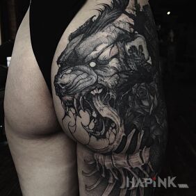 Tattoo Beast at Dinner on the buttocks motif: dark style: graphic / illustrative