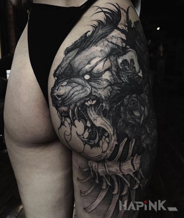 Tattoo Bestia przy obiedzie in animals motif and graphic / illustrative style on the buttocks