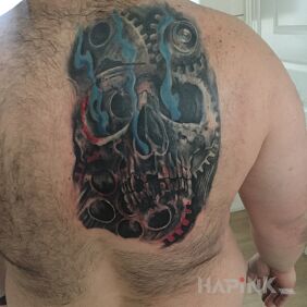 Tattoo Bio skull on the back motif: skulls style: biomechanics