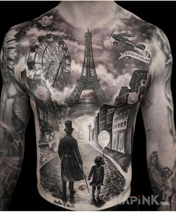 Tattoo Paryż in 3D motif and realistic style on the chest