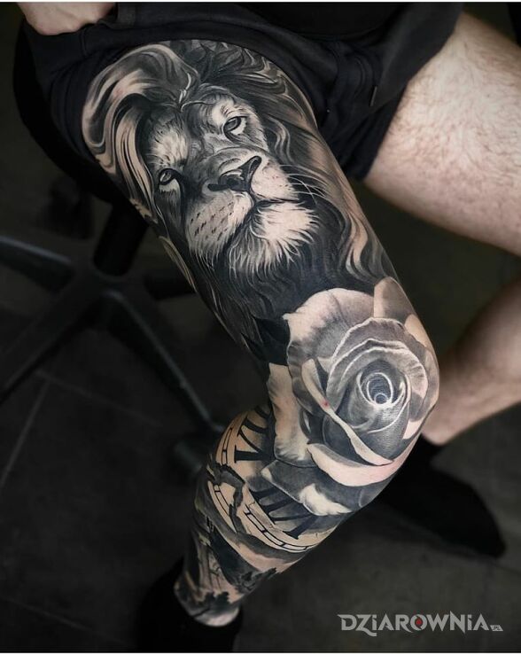 Tatuaż lew różany w motywie kwiaty i stylu realistyczne na piszczeli
