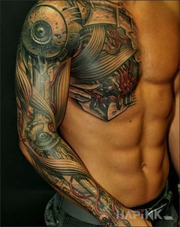 Tattoo Mechaniczny rękaw in sleeves motif and biomechanics style on the chest