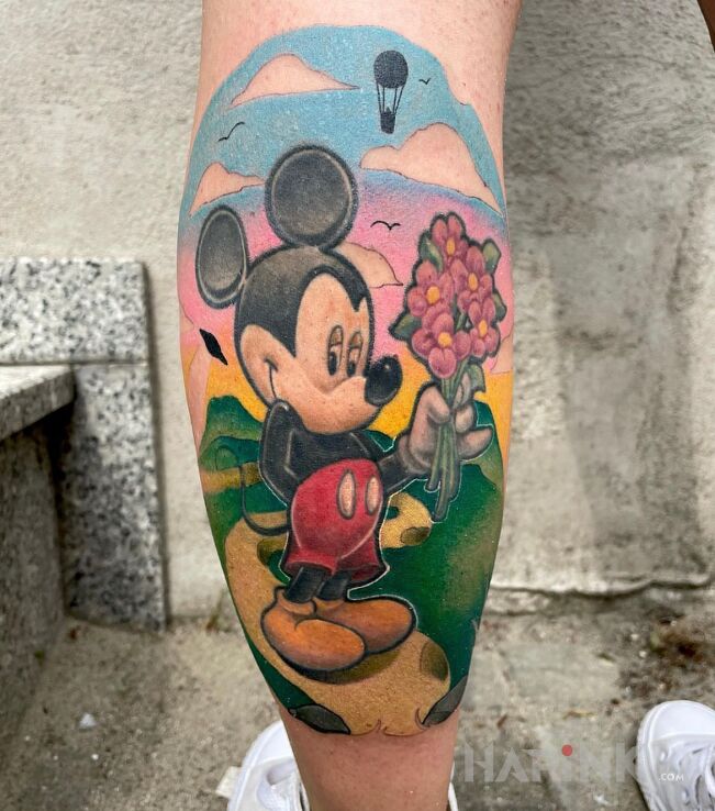 Tattoo Miki in characters motif and cartoon / comic book style on the leg