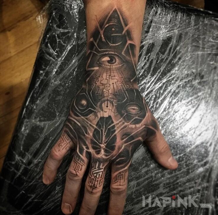 Tattoo Cybernetyka in skulls motif on the hand