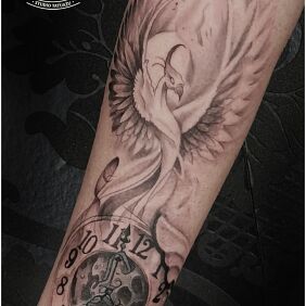 Tattoo Phoenix on the forearm motif: objects style: graphic / illustrative