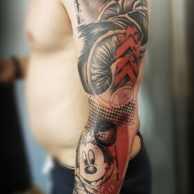 Tattoo Happy Trash Polka On the arm motif: colorful style: trash polka