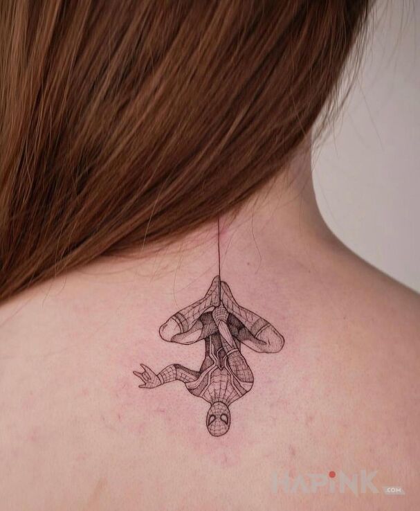 Tattoo Spider-man 😂 in characters motif and graphic / illustrative style on the nape