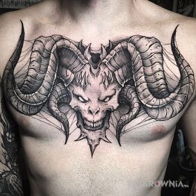 Tatuaż Głowa diablo na obojczyku motyw: demony styl: graficzne / ilustracyjne