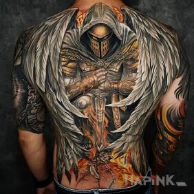 Tattoo Divine knight on the shoulder blades motif: wings style: graphic / illustrative