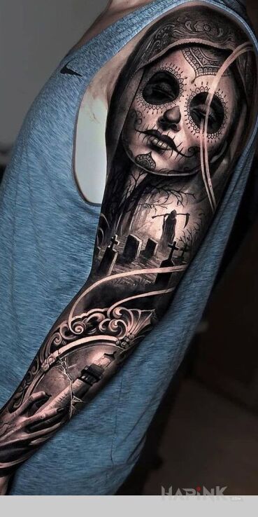 Tattoo Pani śmierć z meksyku in 3D motif and realistic style On the arm