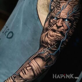 Tattoo Zeus with Themis on the forearm motif: black and gray style: realistic