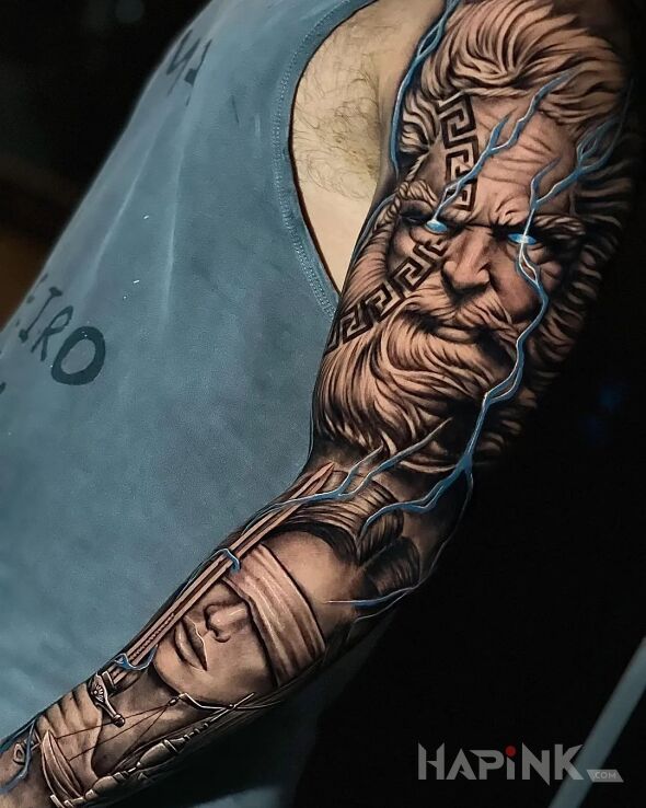 Tattoo Zeus z Temidą in sleeves motif and realistic style On the arm