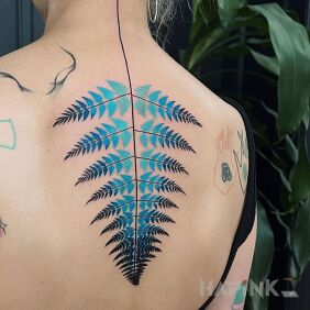 Tattoo Blue-green fern leaf on the nape motif: colorful style: graphic / illustrative