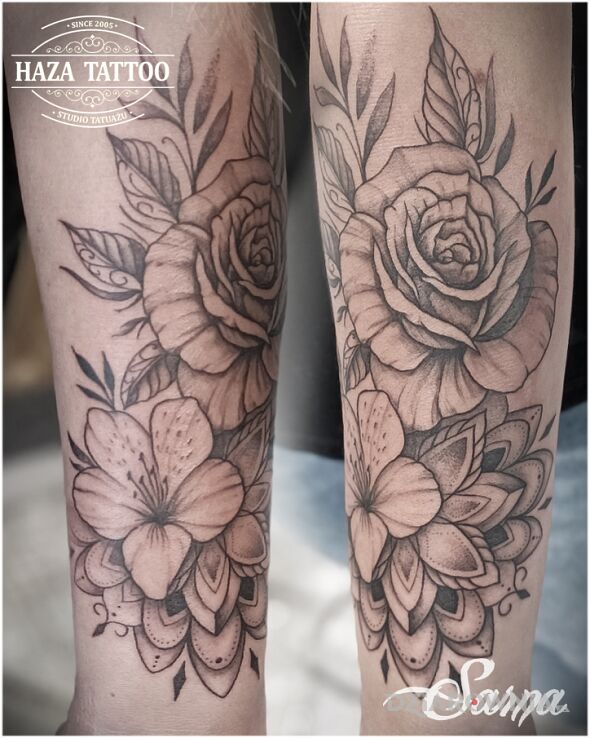 Tatuaż kwiaty w motywie florystyczne i stylu kontury / linework na przedramieniu