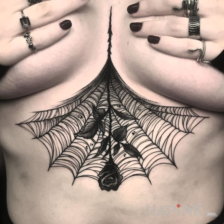 Tattoo Róża w pajęczynie in black and gray motif and graphic / illustrative style underboob