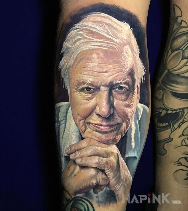 Tattoo Sir David Attenborough in characters motif and realistic style on the calf