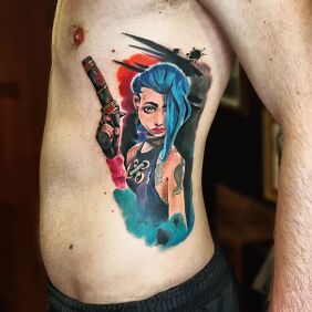 Tattoo Jinx League of Legends on the ribs motif: characters style: graphic / illustrative