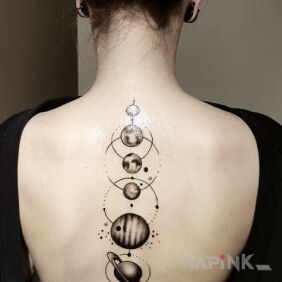 Tattoo Solar system on the back motif: black and gray style: graphic / illustrative
