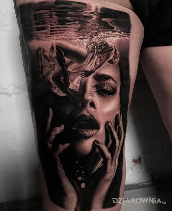 Tatuaż dziewczyna pod wodą w motywie twarze i stylu realistyczne na nodze