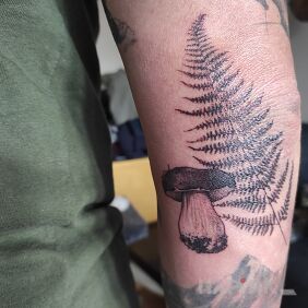 Tattoo Mushroom and fern On the arm motif: floral style: realistic