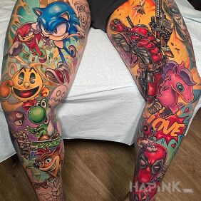 Tattoo Various characters on the leg motif: characters style: cartoon / comic book