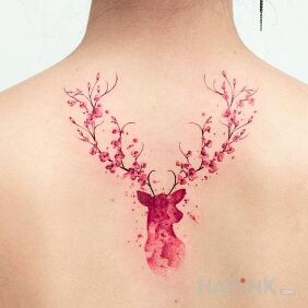 Tattoo Pink deer on the back motif: animals style: Watercolor