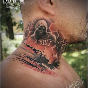 Tattoo Clock on the neck motif: demons style: graphic / illustrative