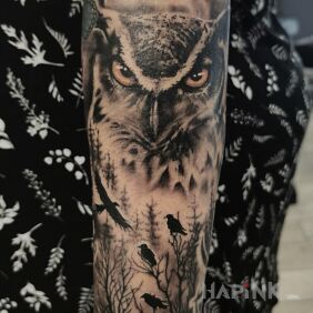 Tattoo Owl on the forearm motif: black and gray style: realistic