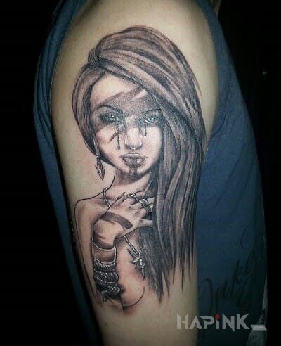 Tattoo Beautiful girl in characters motif on the upper arm