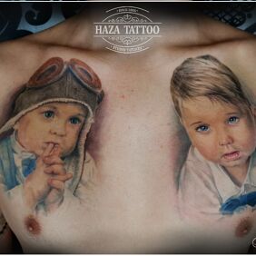 Tattoo Portraits on the chest motif: colorful style: realistic
