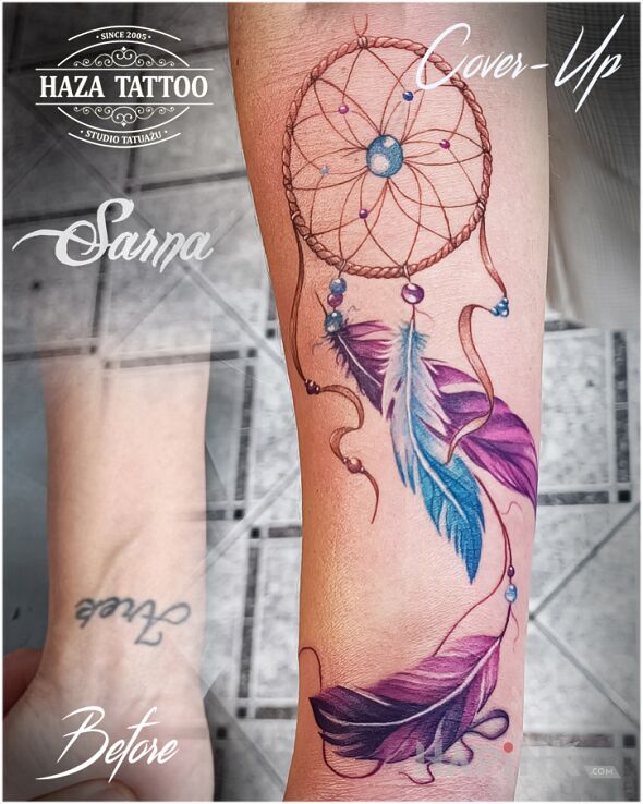 Tattoo Cover dreamcatcher in Indian motif and realistic style On the arm