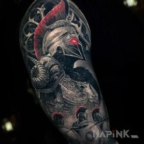 Tattoo Red-eyed warrior on the upper arm motif: characters style: realistic