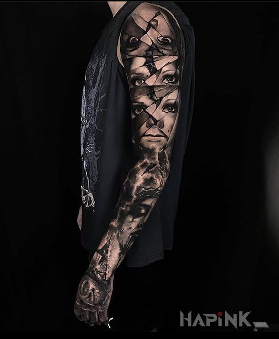 Tattoo Oczu jej nie brakuje in sleeves motif and realistic style on the hand