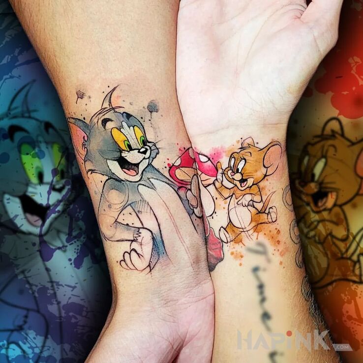 Tattoo Tom and Jerry in characters motif and Watercolor style on the wrist