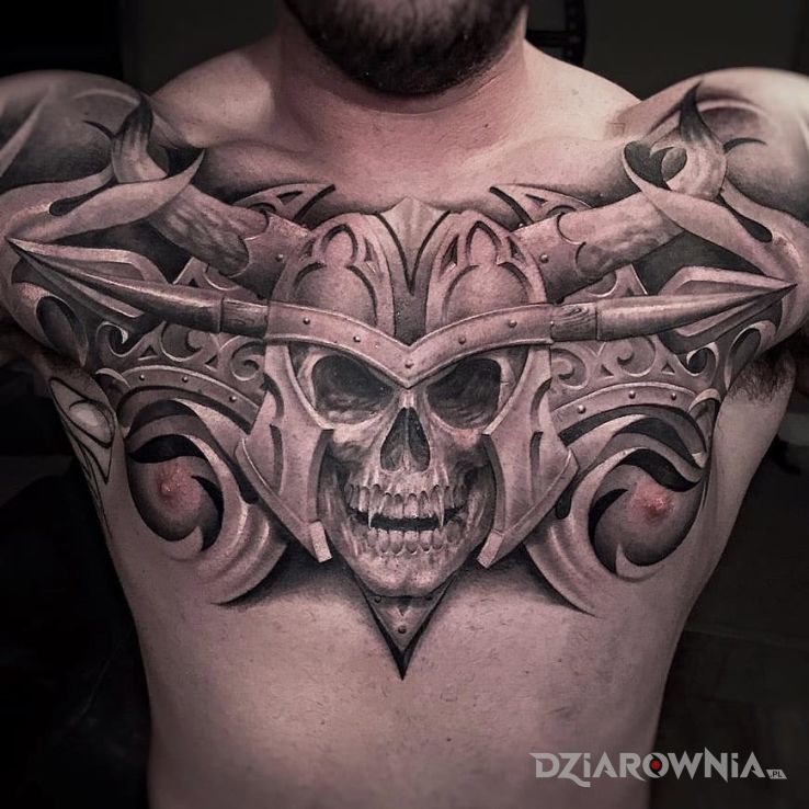 Tatuaż wampirza czaszka w motywie 3D na klatce