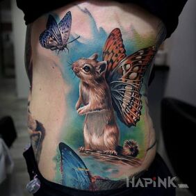 Tattoo Winged squirrel on the ribs motif: butterflies