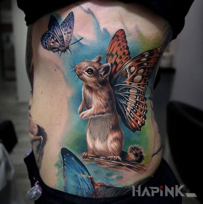 Tattoo Skrzydlata wiewiórka in butterflies motif on the ribs