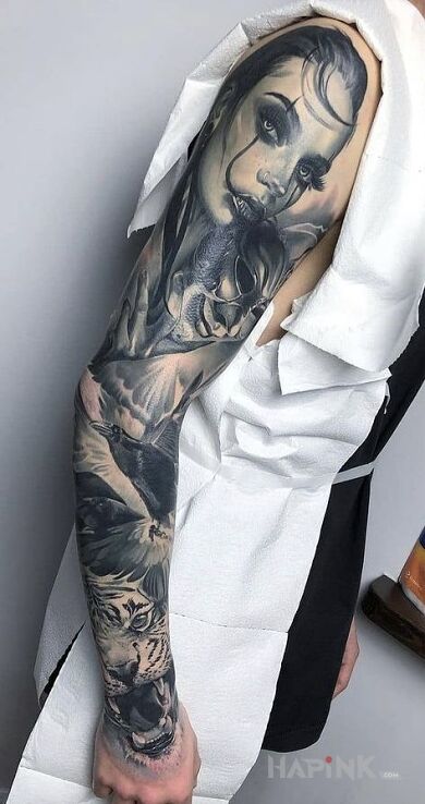 Tattoo Mask off in sleeves motif and realistic style On the arm