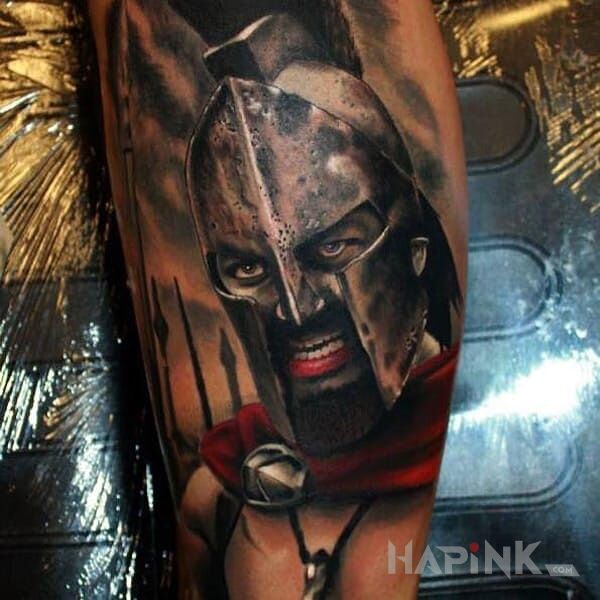 Tattoo Leonidas in 3D motif and realistic style on the calf