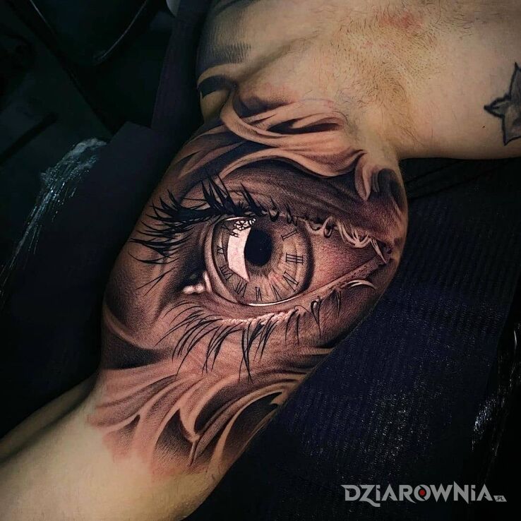 Tatuaż damskie oko w motywie czarno-szare i stylu realistyczne na ręce