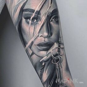 Tattoo Grey lady On the arm motif: faces style: realistic