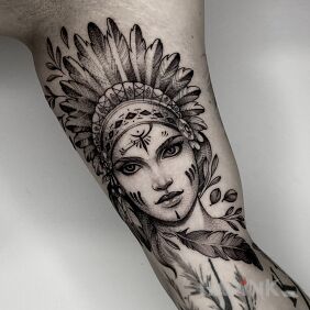 Tattoo Indian Woman / Native American / Headdress / Woman On the arm motif: black and gray style: graphic / illustrative