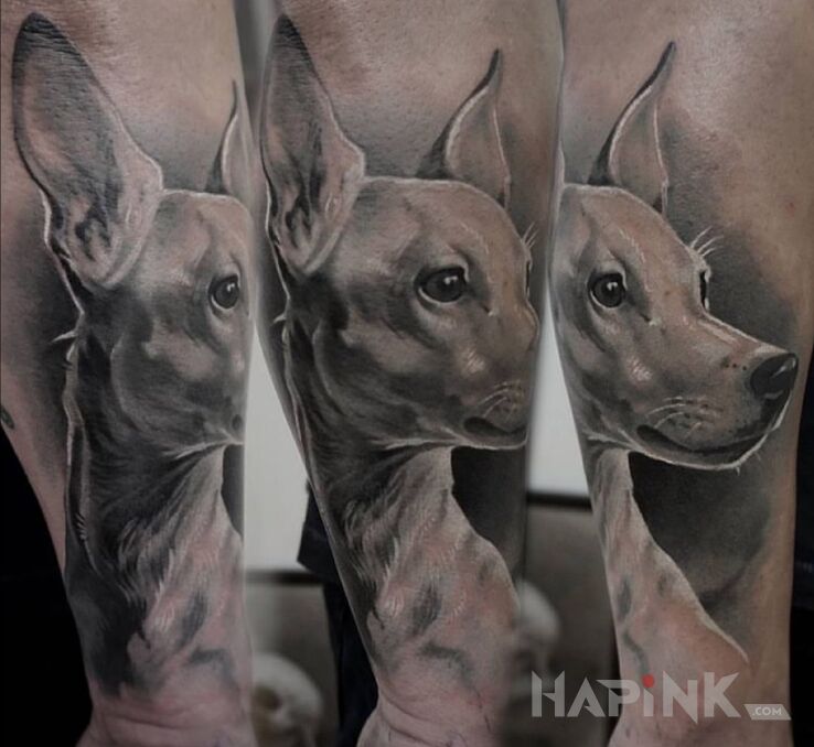 Tattoo Pies / Portret / Przyjaciel in black and gray motif and realistic style on the forearm