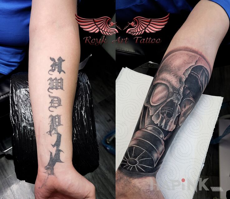 Tattoo Cover in cover-up motif and realistic style On the arm